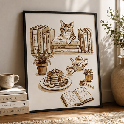 Cozy Cat and Books Sepia Reading Nook Wall Art Decor – preview 11