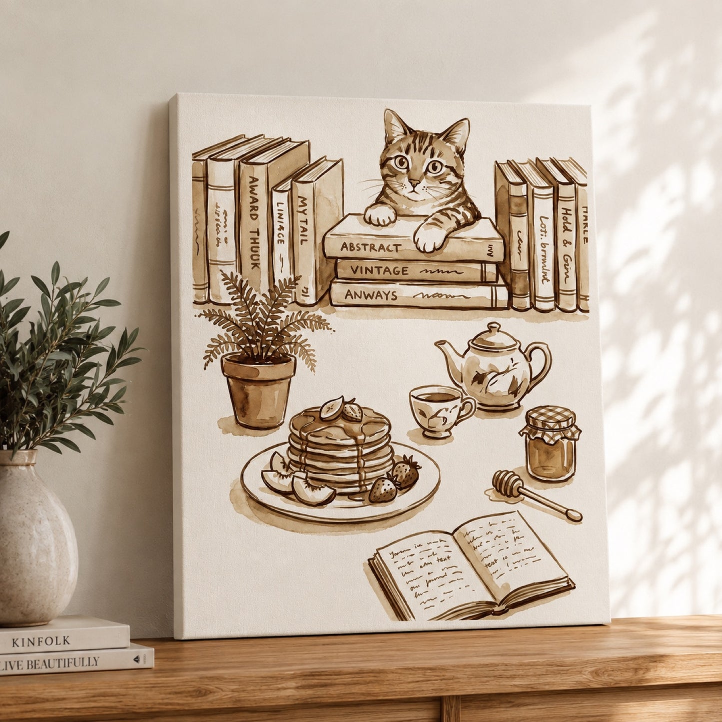Cozy Cat and Books Sepia Reading Nook Wall Art Decor – preview 3