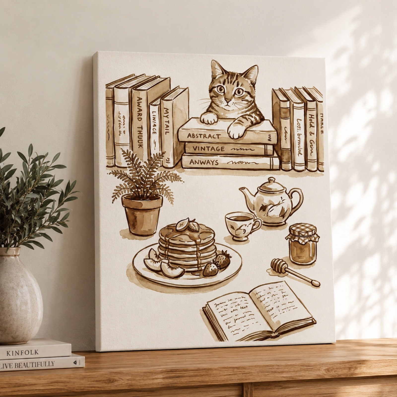 Cozy Cat and Books Sepia Reading Nook Wall Art Decor – preview 3