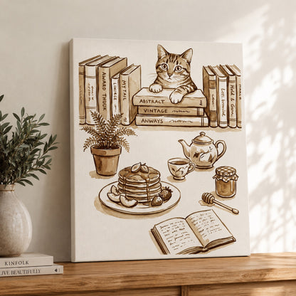 Cozy Cat and Books Sepia Reading Nook Wall Art Decor – preview 3