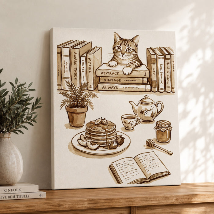 Cozy Cat and Books Sepia Reading Nook Wall Art Decor