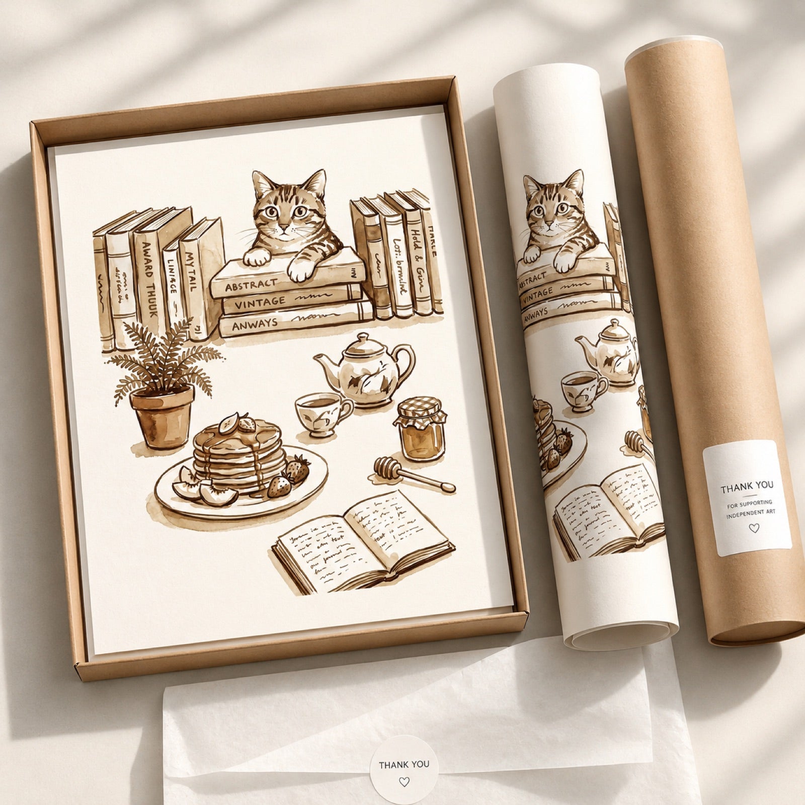 Cozy Cat and Books Sepia Reading Nook Wall Art Decor – preview 4