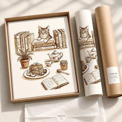 Cozy Cat and Books Sepia Reading Nook Wall Art Decor – preview 4