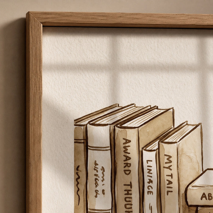 Cozy Cat and Books Sepia Reading Nook Wall Art Decor