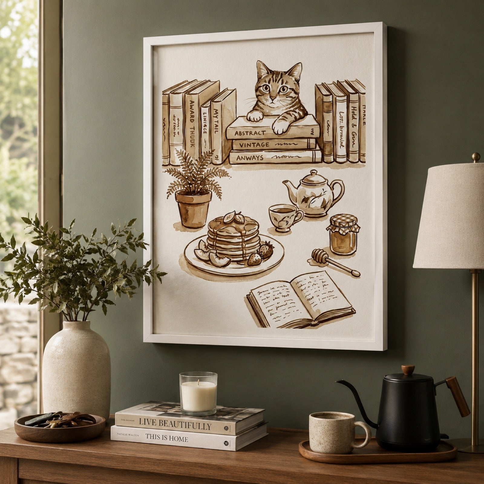 Cozy Cat and Books Sepia Reading Nook Wall Art Decor – preview 6