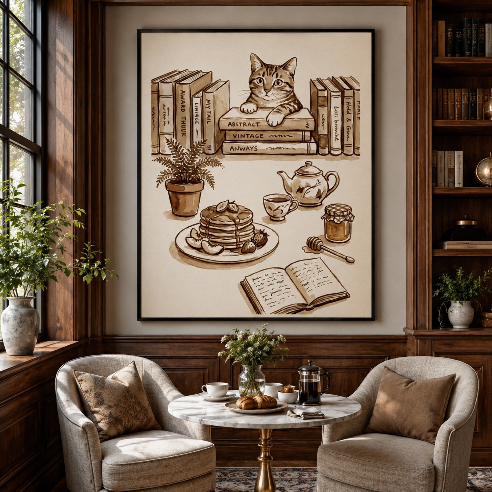 Cozy Cat and Books Sepia Reading Nook Wall Art Decor – preview 7