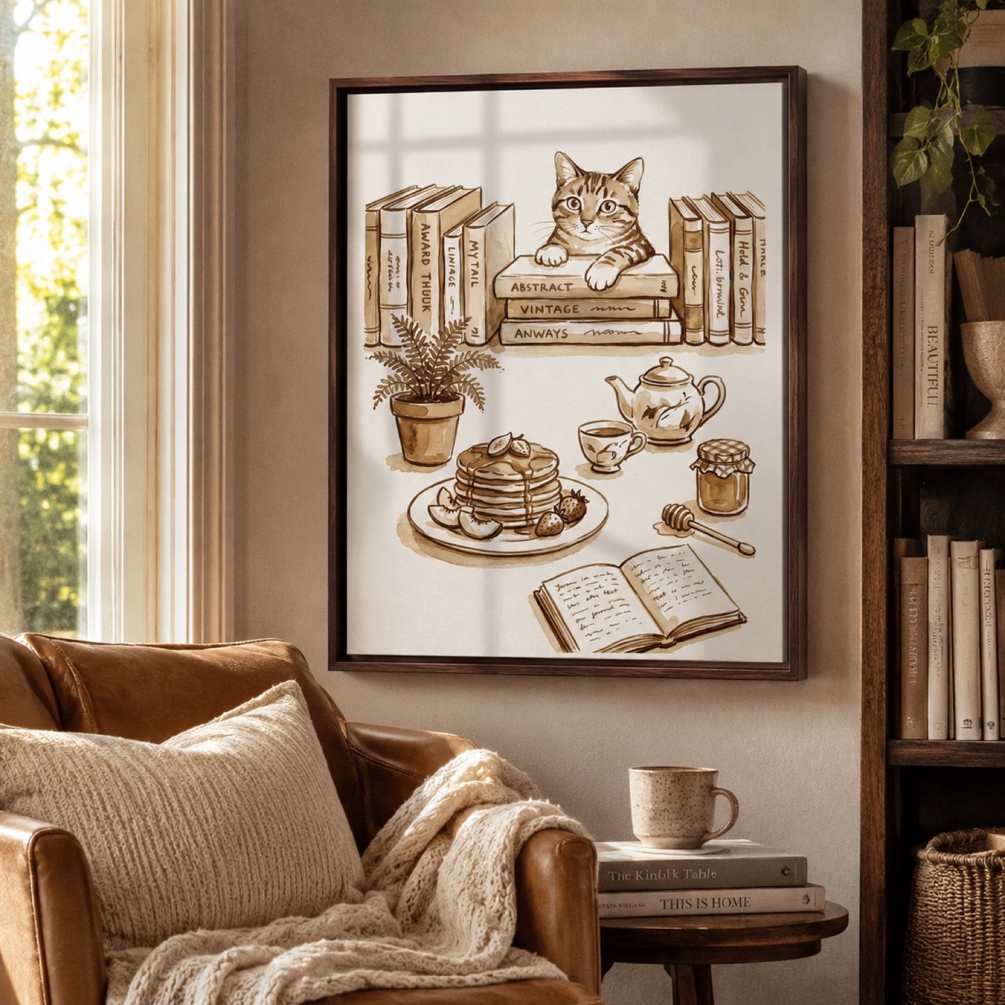 Cozy Cat and Books Sepia Reading Nook Wall Art Decor – preview 8