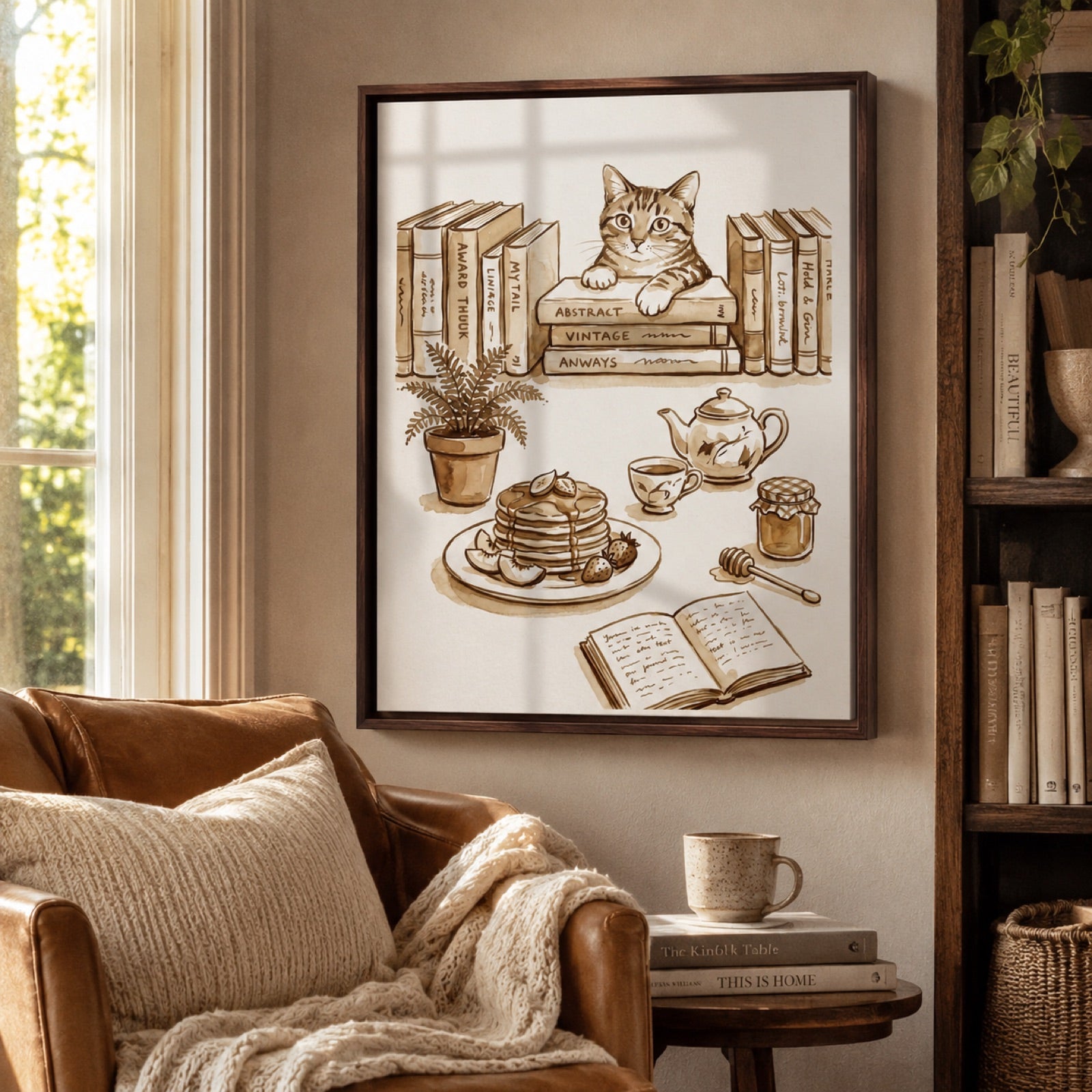 Cozy Cat and Books Sepia Reading Nook Wall Art Decor – preview 8