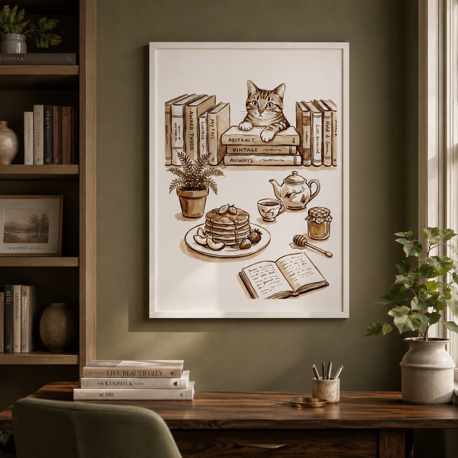 Cozy Cat and Books Sepia Reading Nook Wall Art Decor – preview 9