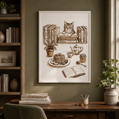 Cozy Cat and Books Sepia Reading Nook Wall Art Decor – preview 9