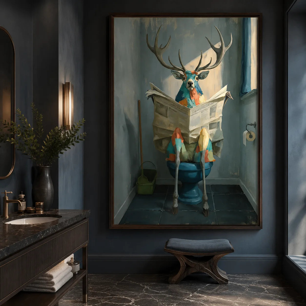 Deer Reading Newspaper Bathroom Wall Art Decor - Wall Art Decor - close up