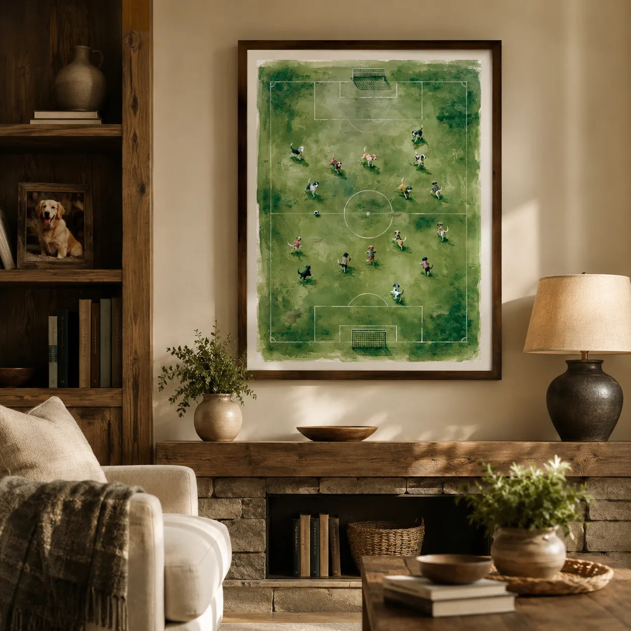 Dogs Playing Soccer Watercolor Wall Art Decor - Wall Art Decor - in use