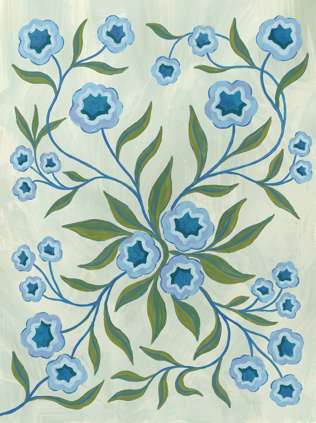 Blue Folk Floral Botanical Art Poster