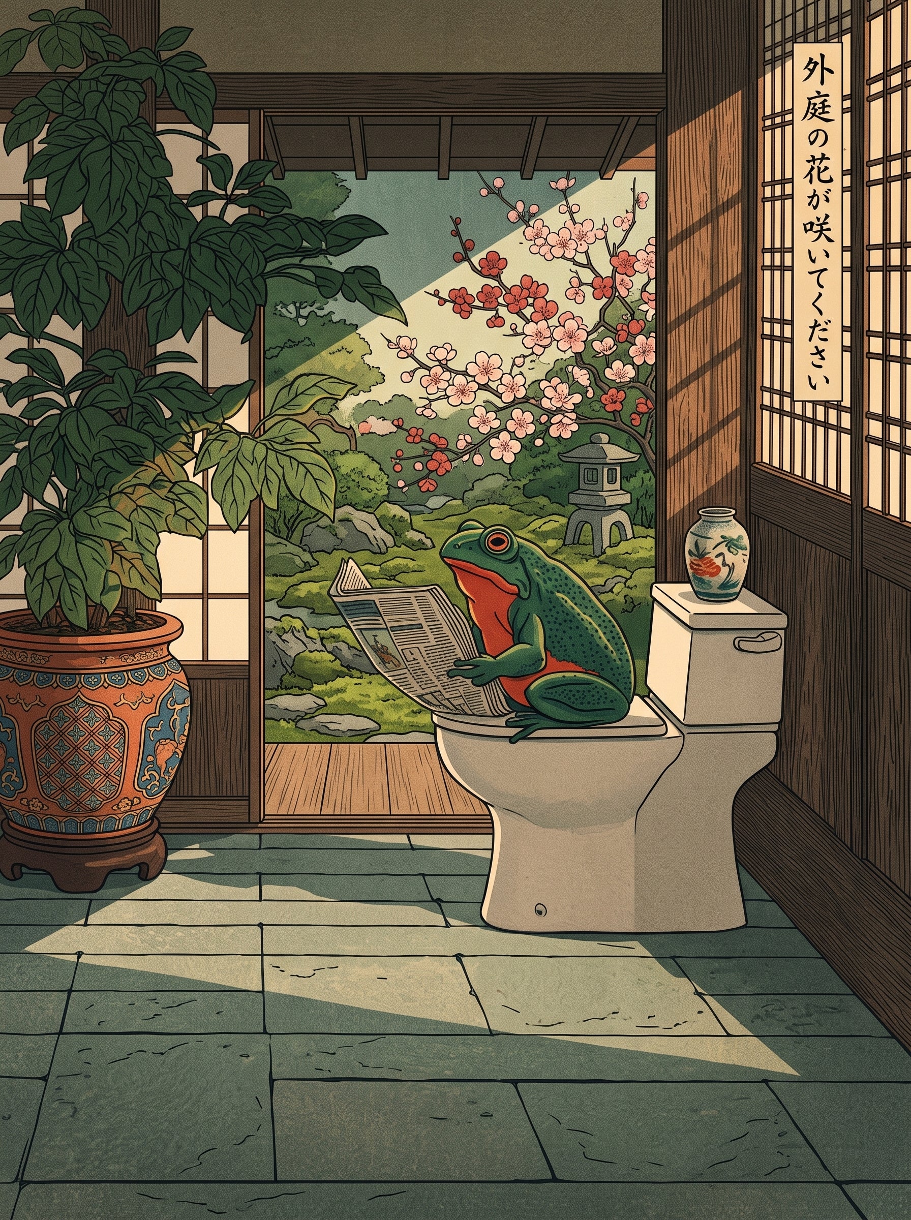 Zen Frog Bathroom Woodblock Art Poster