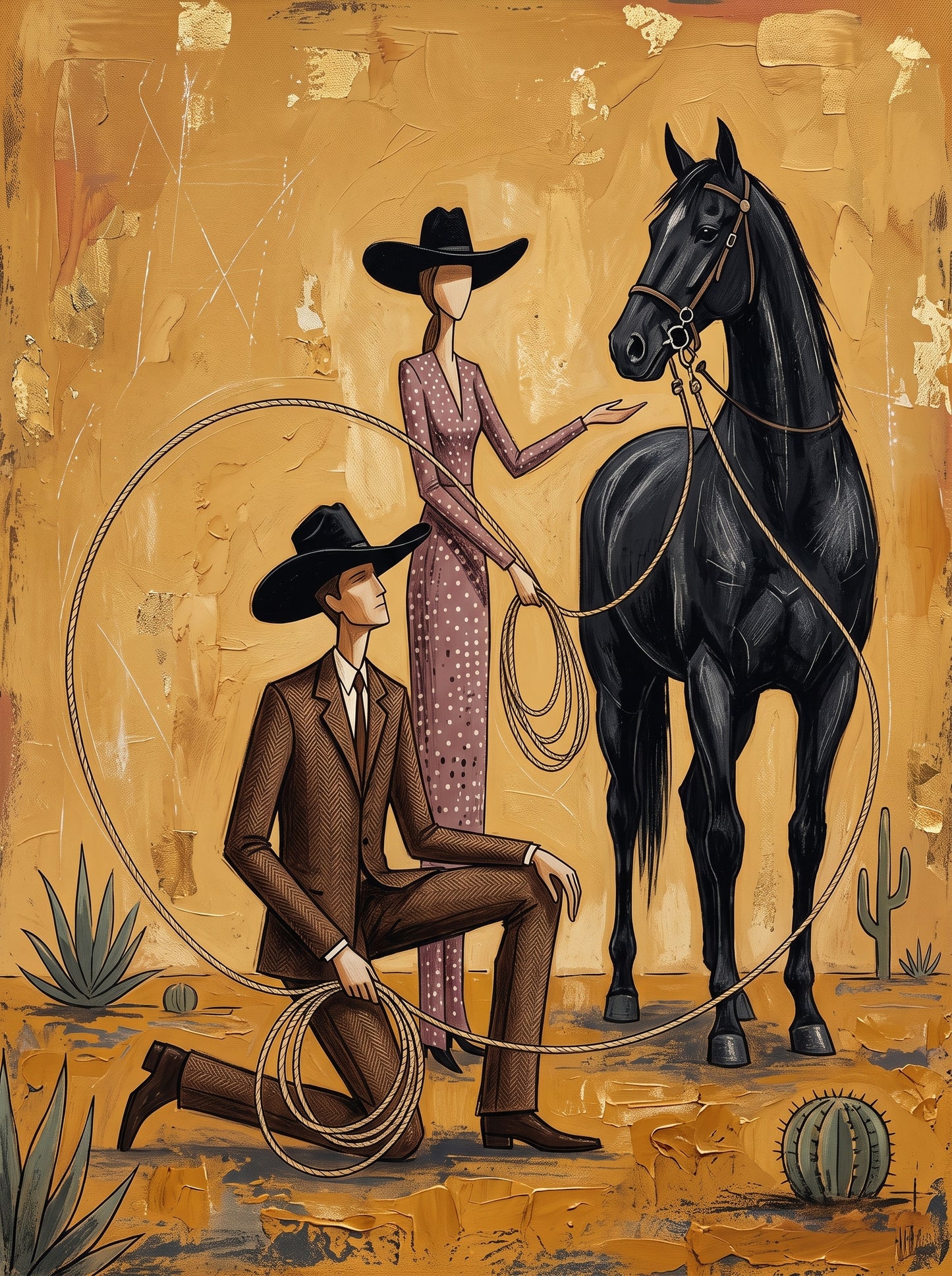 Cowboy Cowgirl Black Horse Folk Art Poster