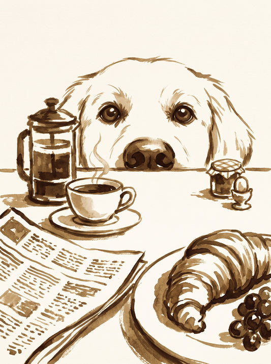 Golden Retriever Breakfast Sepia Poster