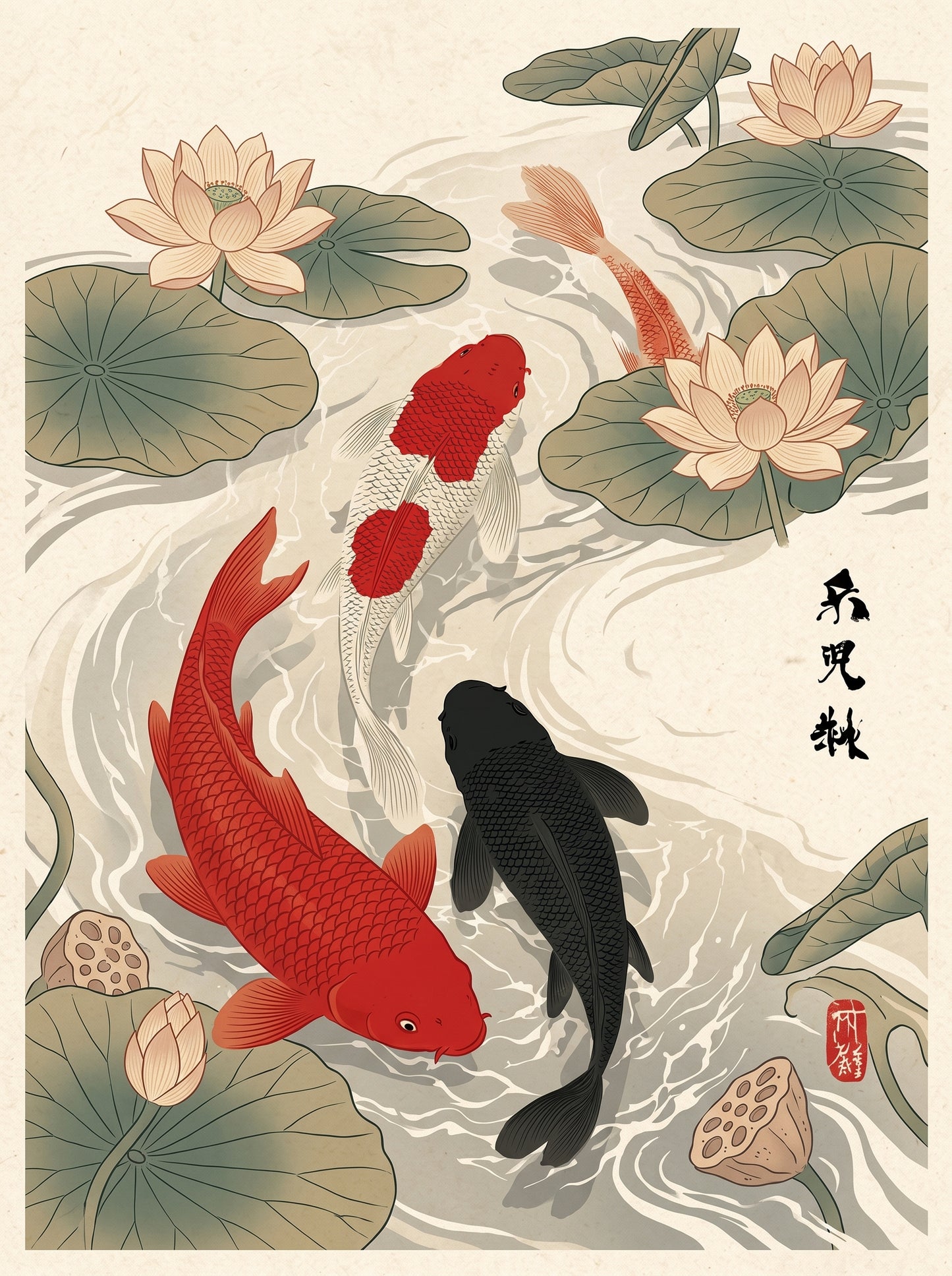 Japanese Koi Fish Lotus Ukiyo-e Art Poster