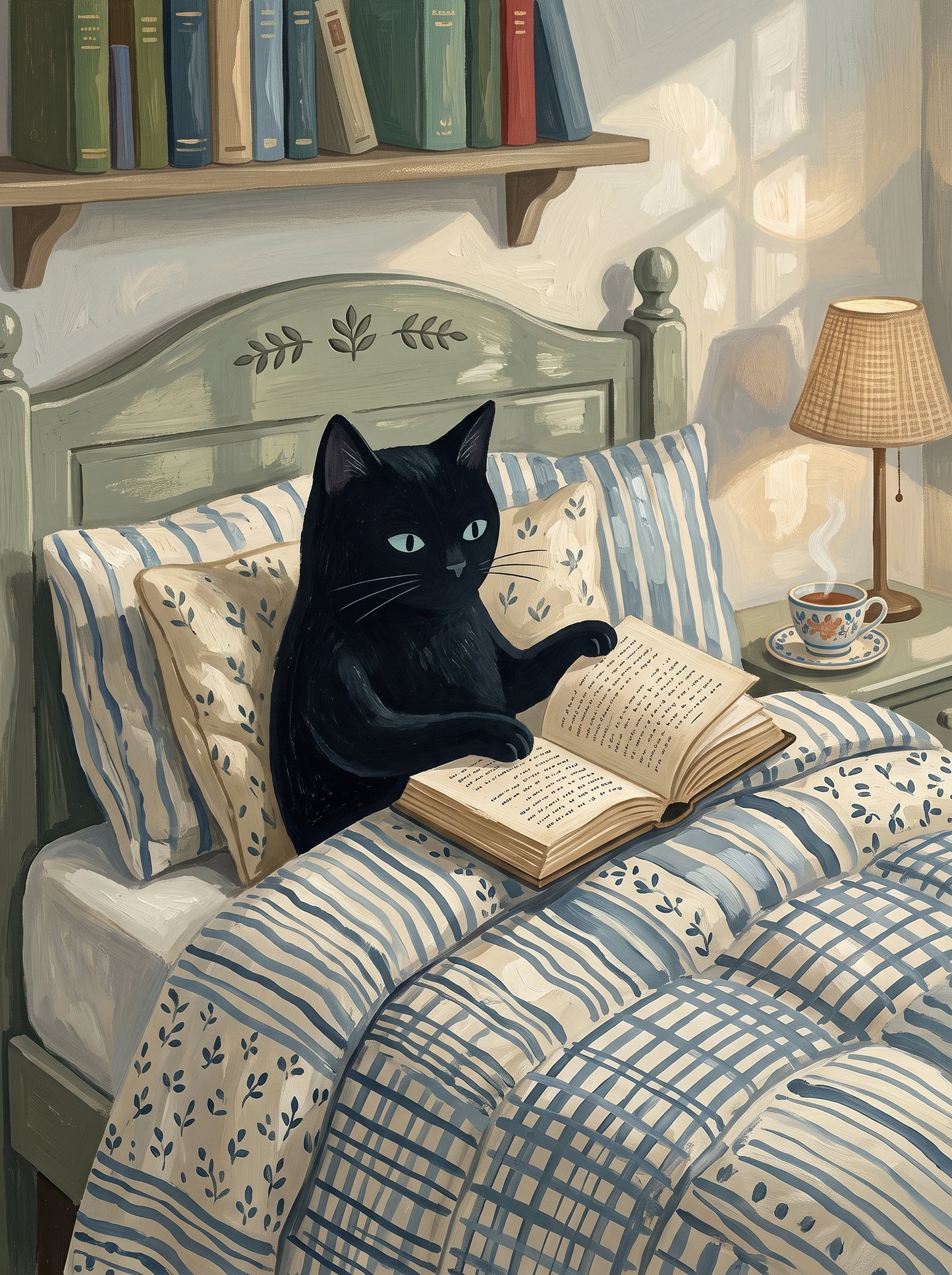 Black Cat Reading in Bed Cozy Art Poster