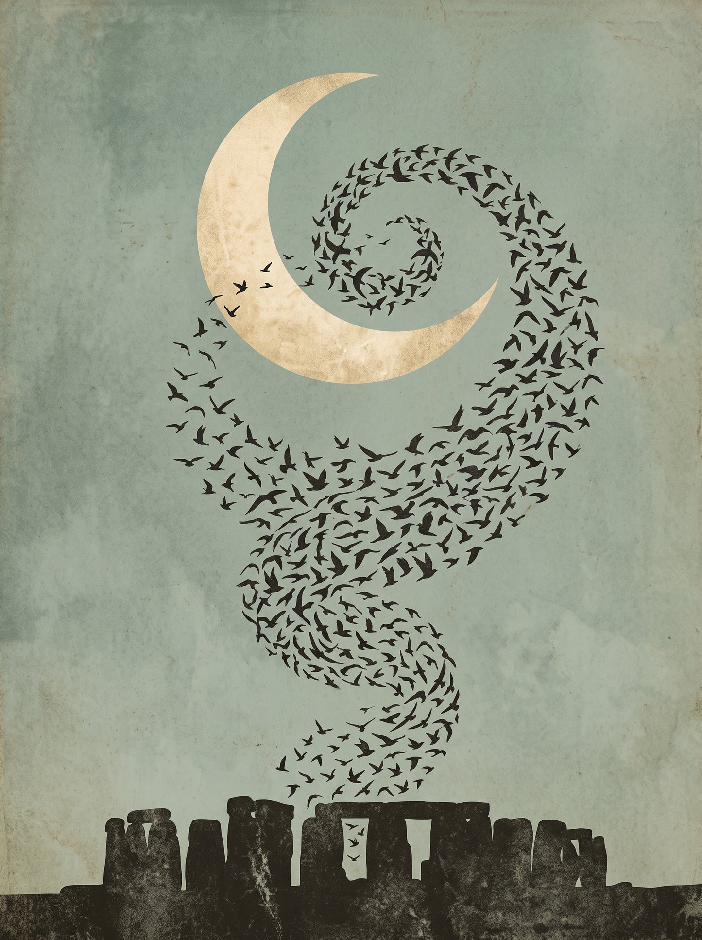 Stonehenge Moon & Starling Murmuration Art Poster