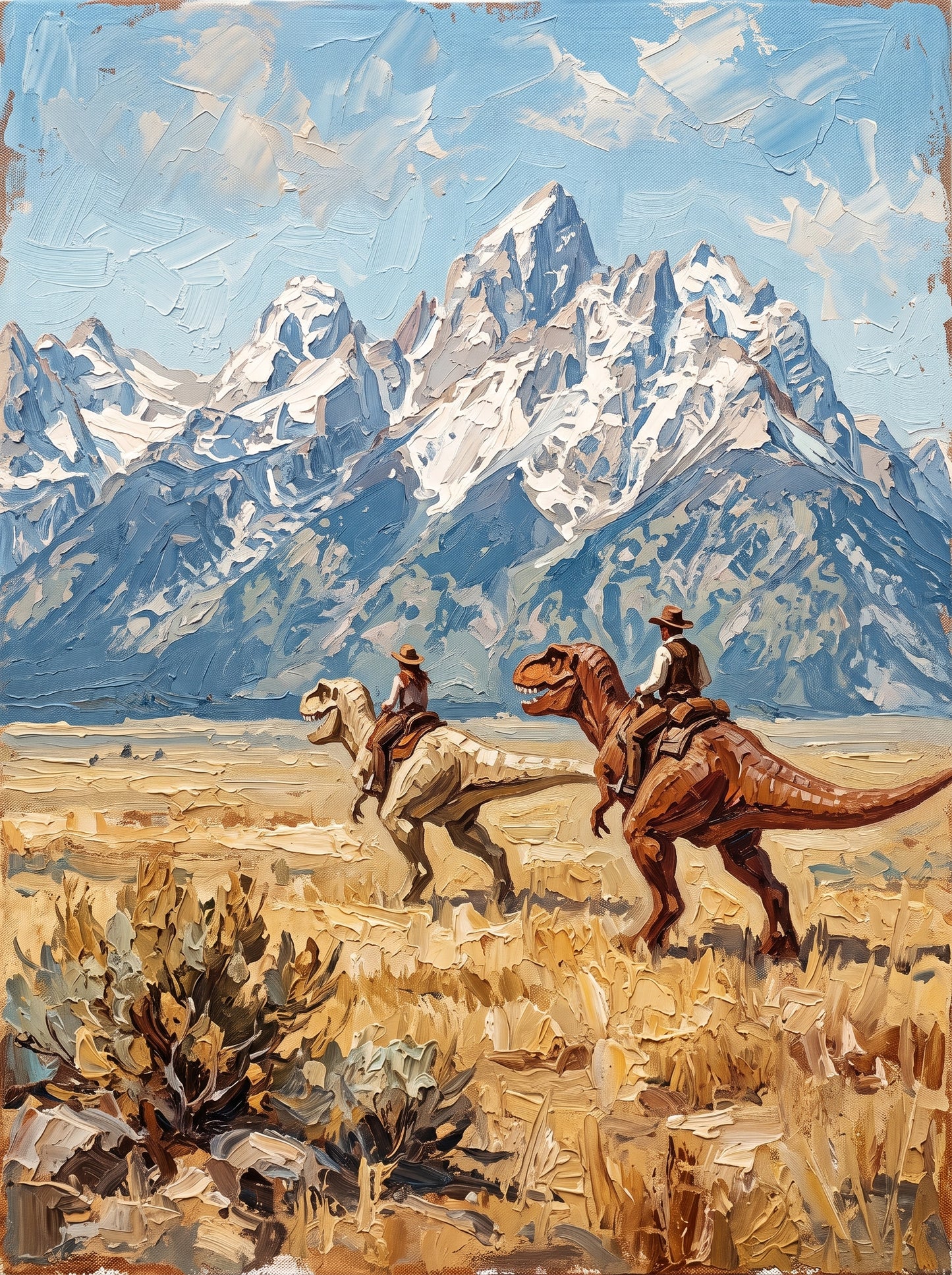 Cowboys Riding Dinosaurs Surreal Western Poster