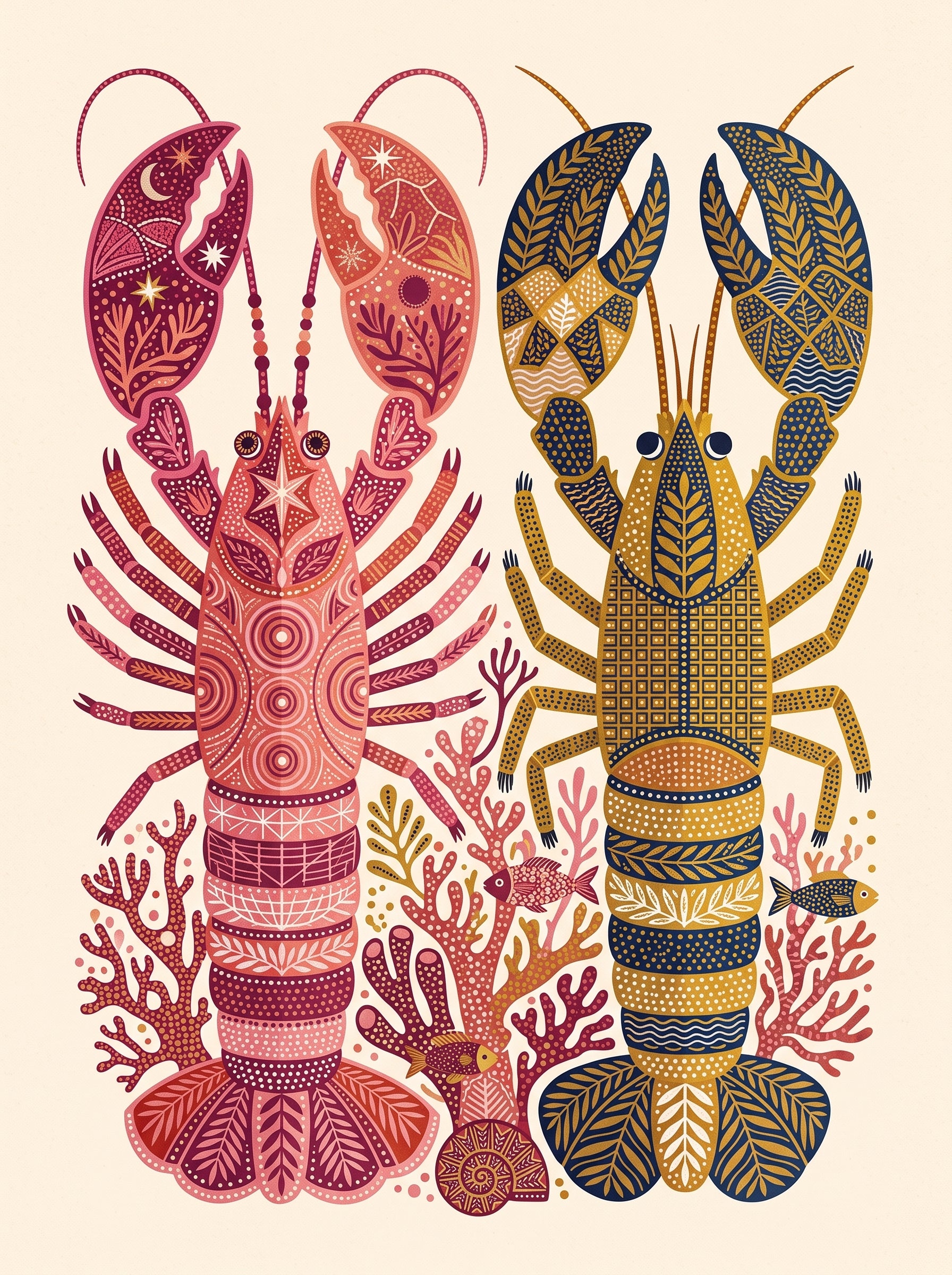 Folk Art Lobsters Coastal Poster