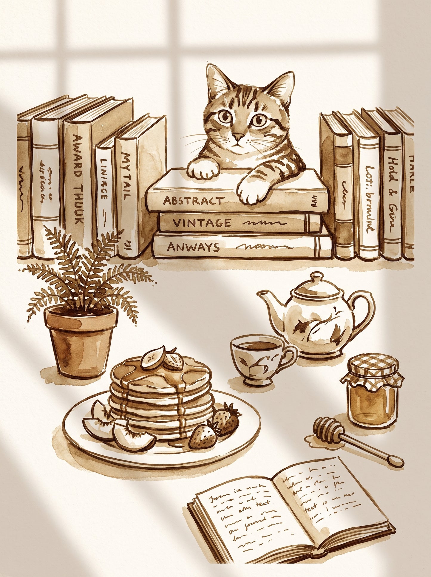 Cozy Cat and Books Sepia Poster