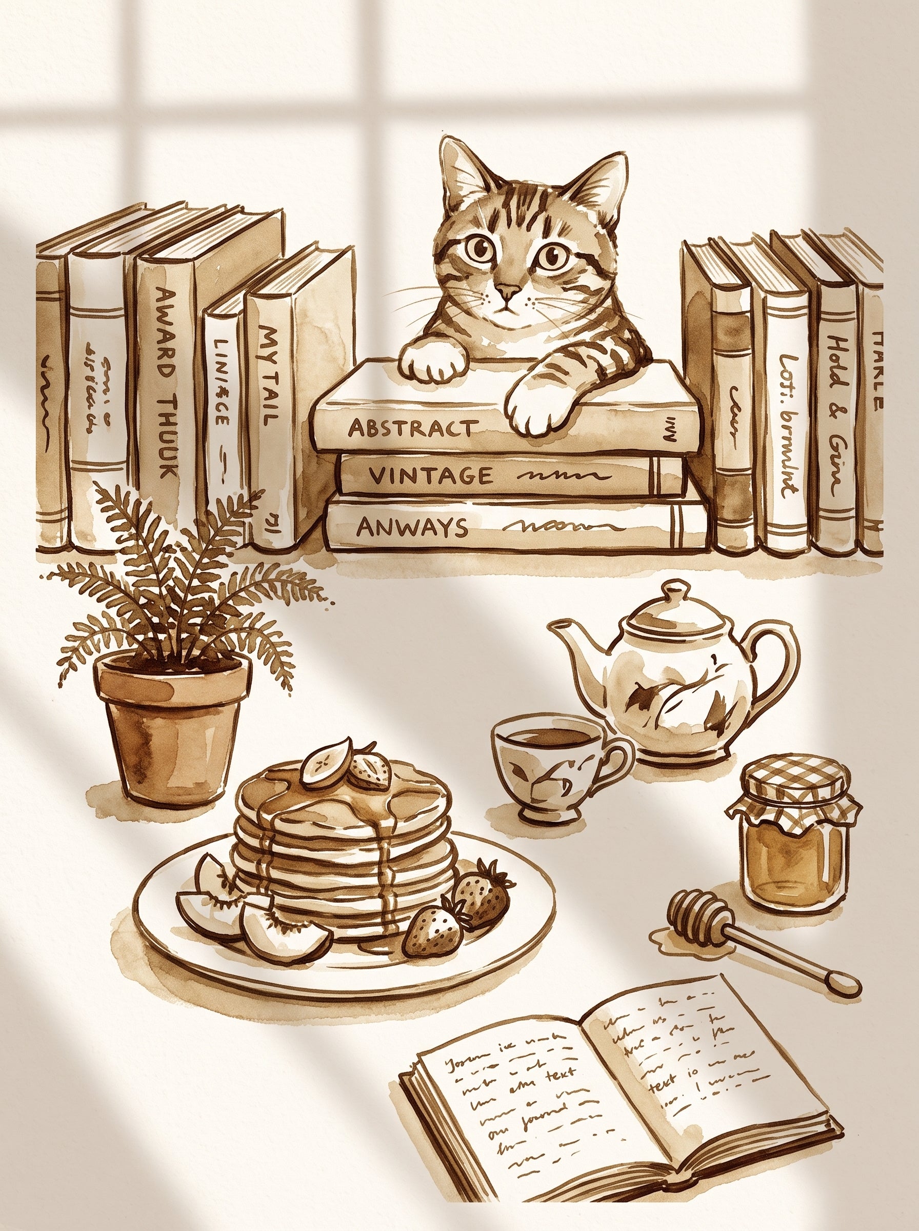 Cozy Cat and Books Sepia Poster