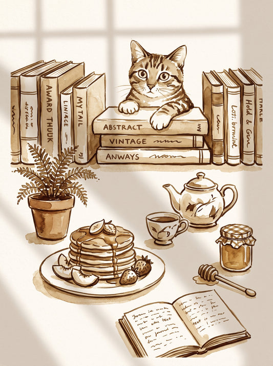 Cozy Cat and Books Sepia Poster