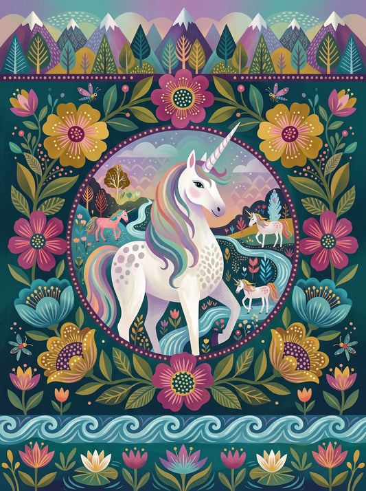 Folk Art Unicorn Floral Medallion Poster