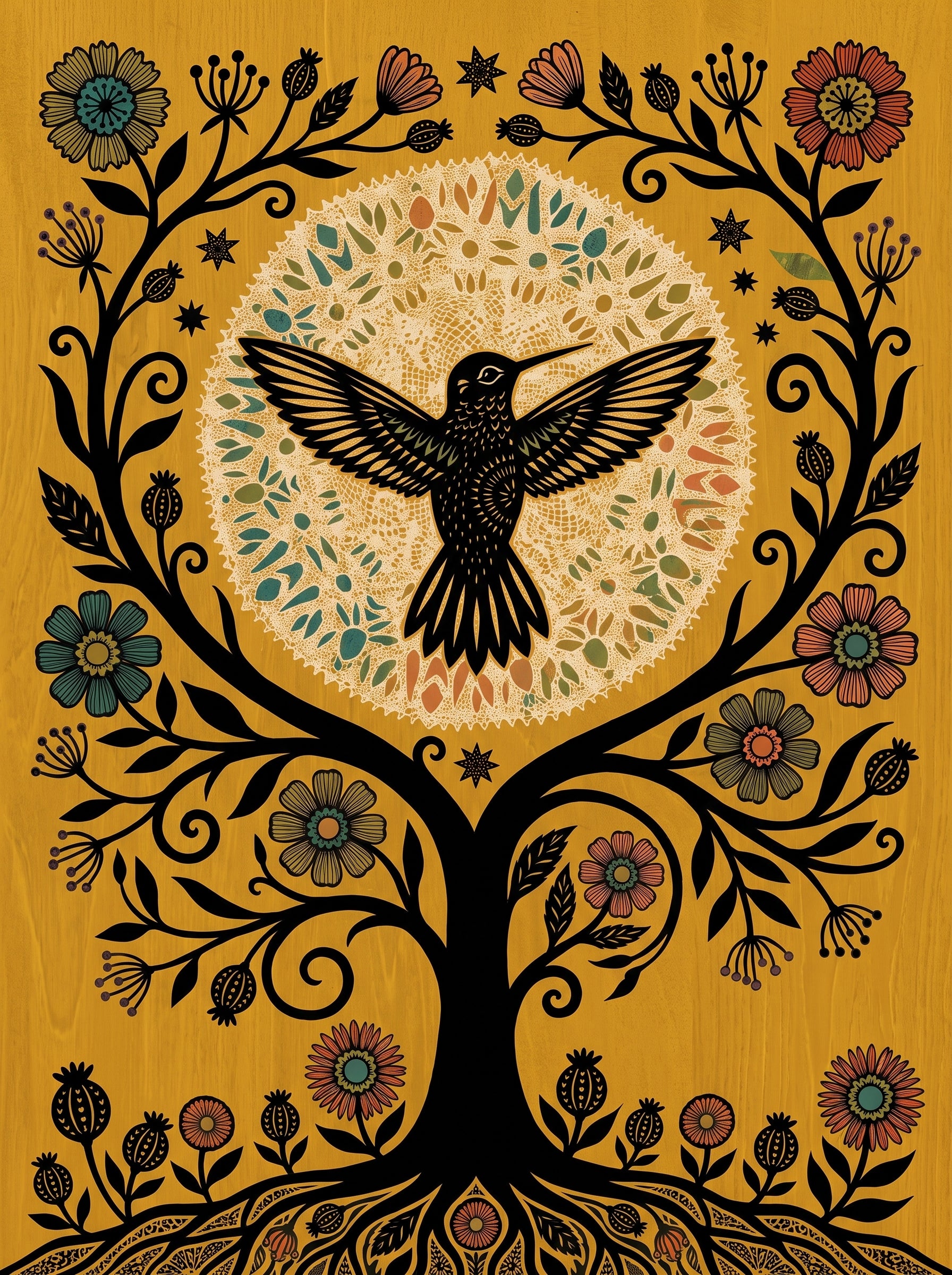 Folk Art Hummingbird Tree of Life Poster
