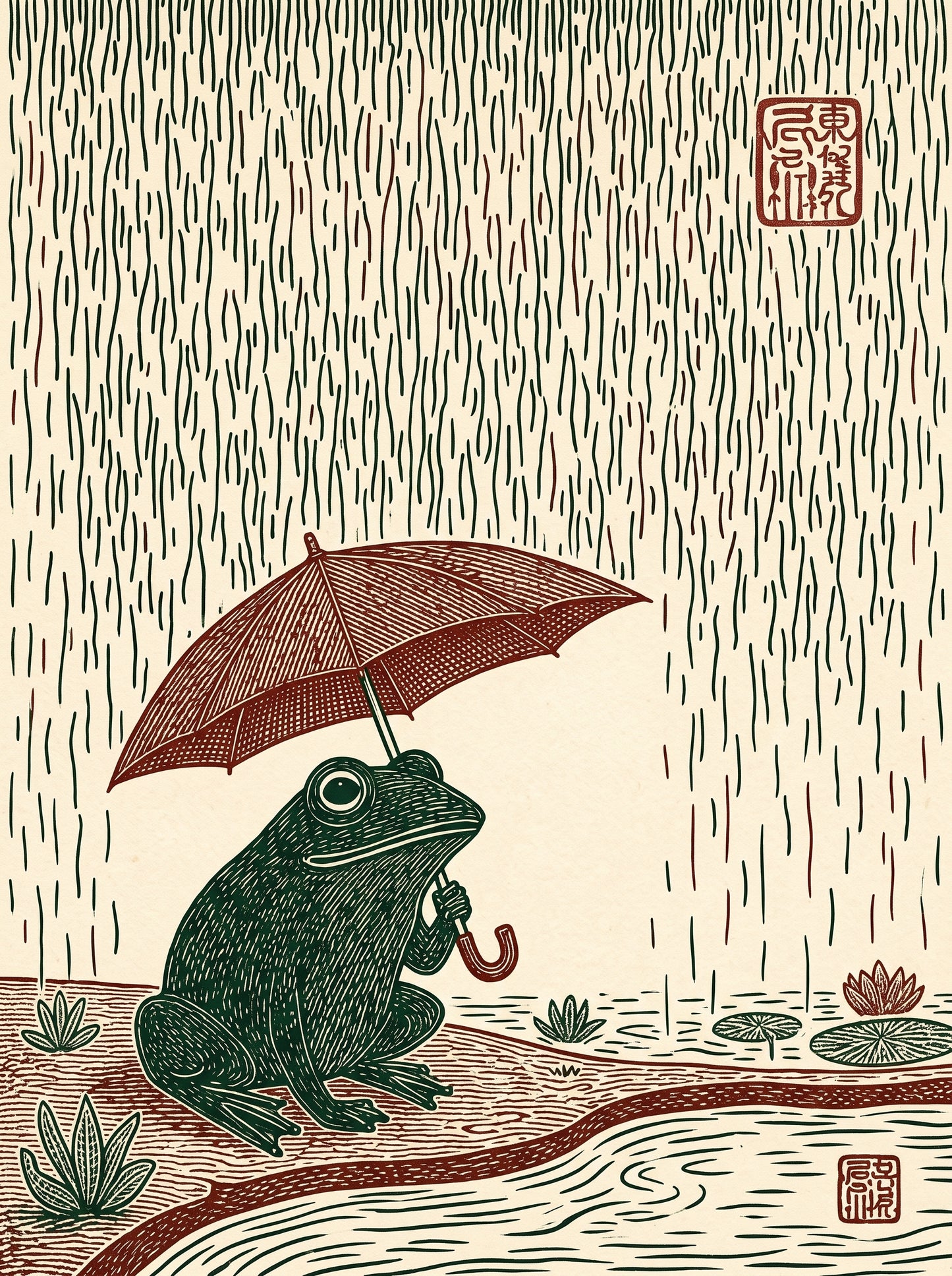 Frog with Umbrella Japanese Woodblock Art Poster