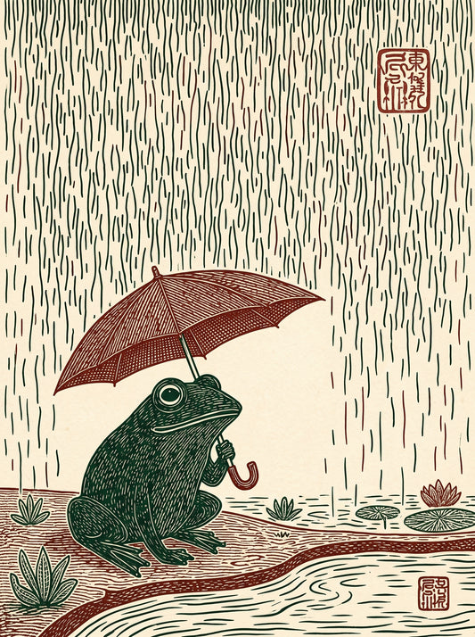 Frog with Umbrella Japanese Woodblock Art Poster
