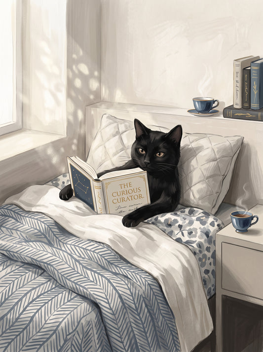 Black Cat Reading in Bed Art Print Poster