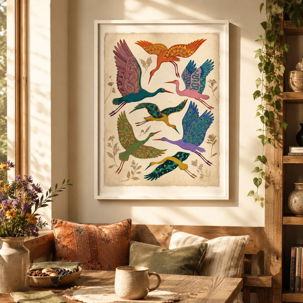 Folk Art Cranes in Flight Wall Art Decor