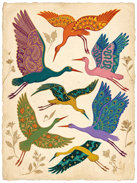 Folk Art Cranes in Flight Wall Art Decor