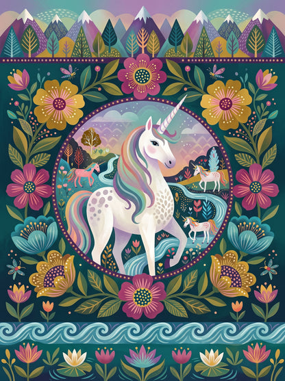 Folk Art Unicorn Floral Medallion Wall Art Decor