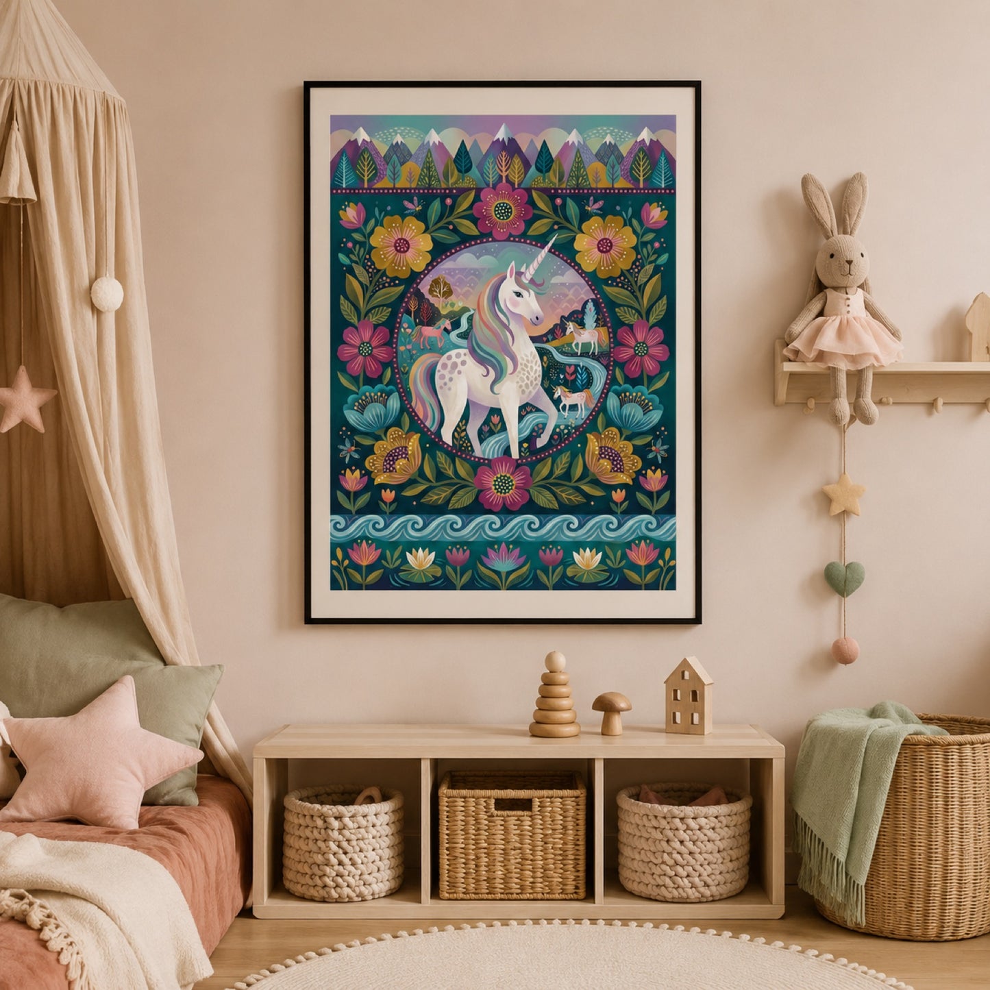 Folk Art Unicorn Floral Medallion Wall Art Decor – preview 3