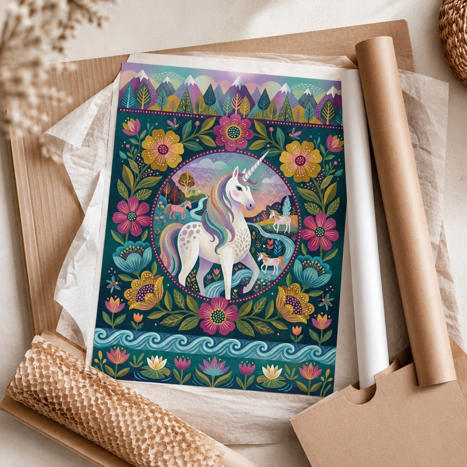 Folk Art Unicorn Floral Medallion Wall Art Decor – preview 4