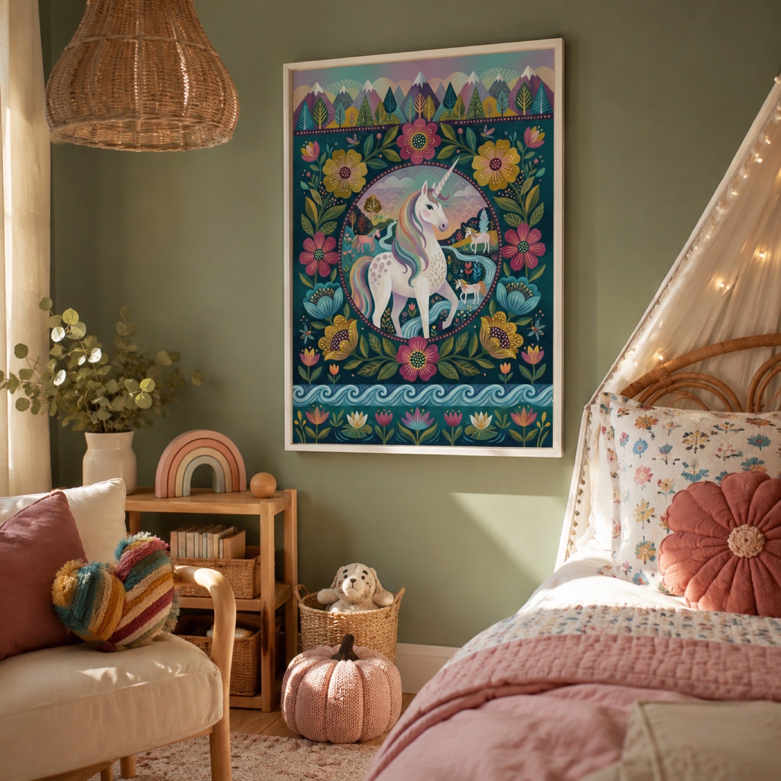 Folk Art Unicorn Floral Medallion Wall Art Decor – preview 8
