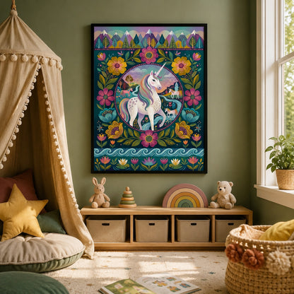 Folk Art Unicorn Floral Medallion Wall Art Decor – preview 9