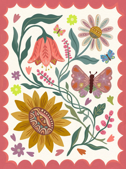 Folk Floral Butterflies and Sunflower Wall Art Decor