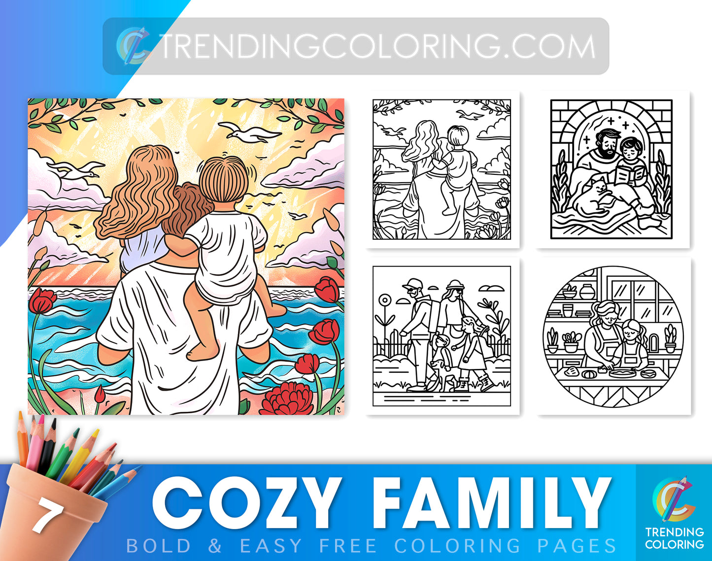Cozy Family Bold and Easy Free Coloring Pages – Printable PDF | Heartwarming Family Art, Instant Download
