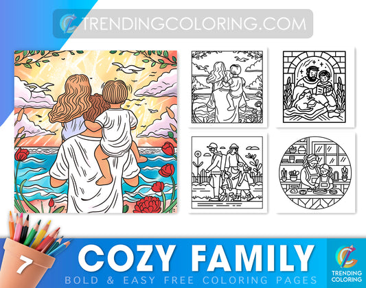 Cozy Family Bold and Easy Free Coloring Pages – Printable PDF | Heartwarming Family Art, Instant Download
