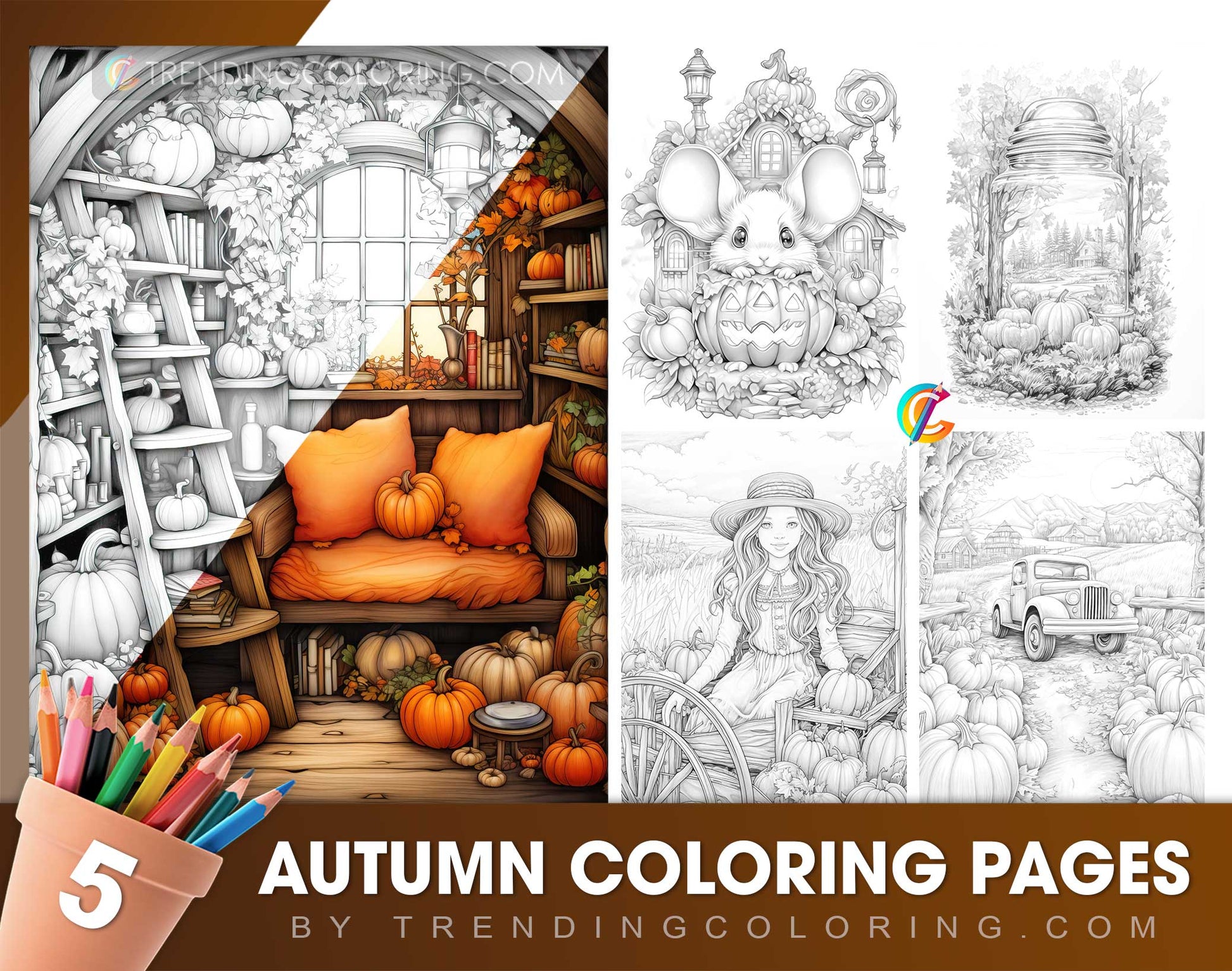 Free Fall Coloring Pages - Autumn Vibe - Pumpkin House - Printable PDF