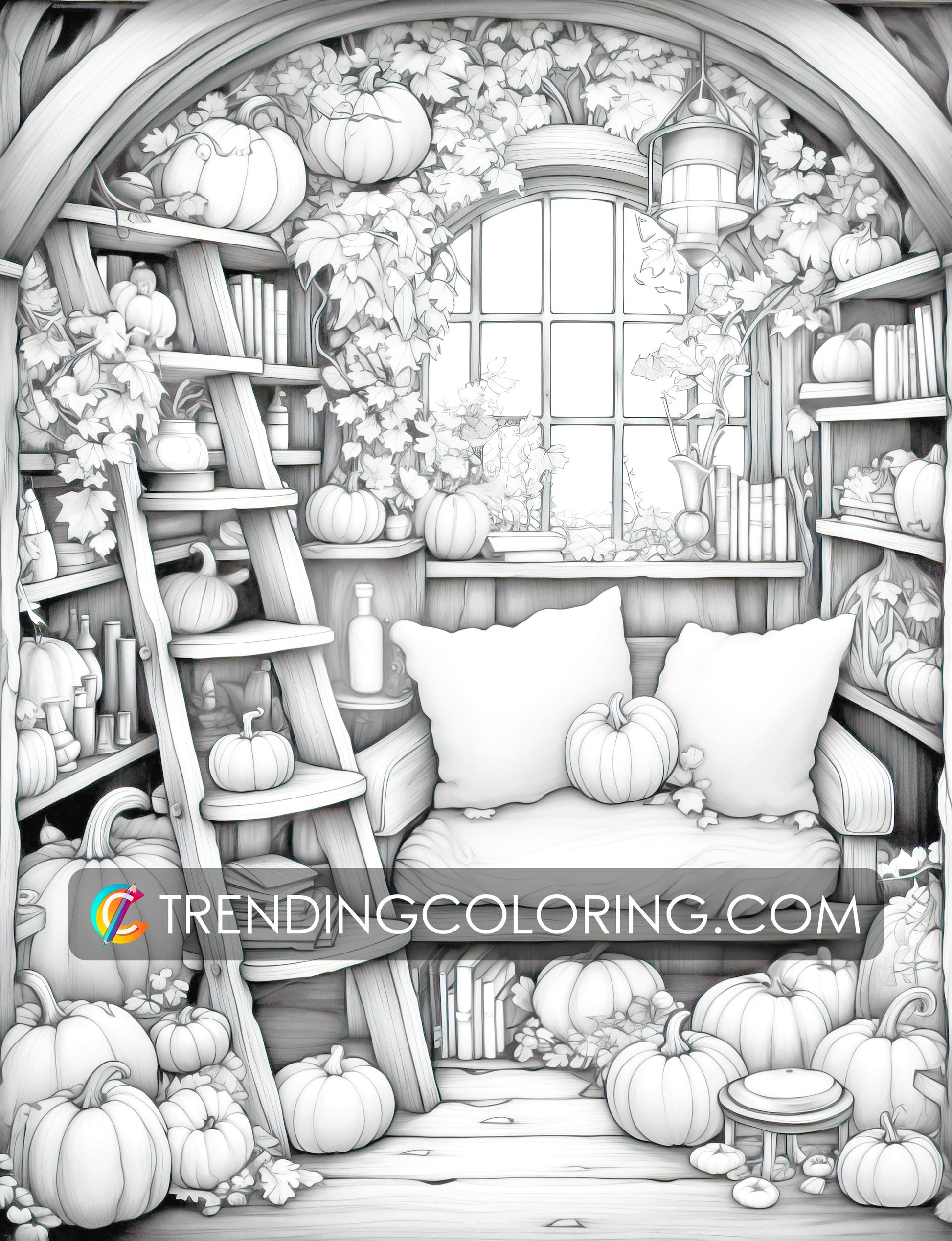 Free Fall Coloring Pages - Autumn Vibe - Pumpkin House - Printable PDF – preview 2