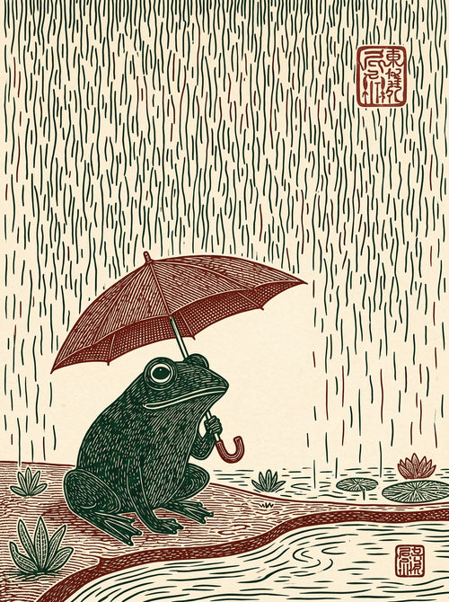 Frog with Umbrella in Rain Japanese Woodblock Wall Art Decor