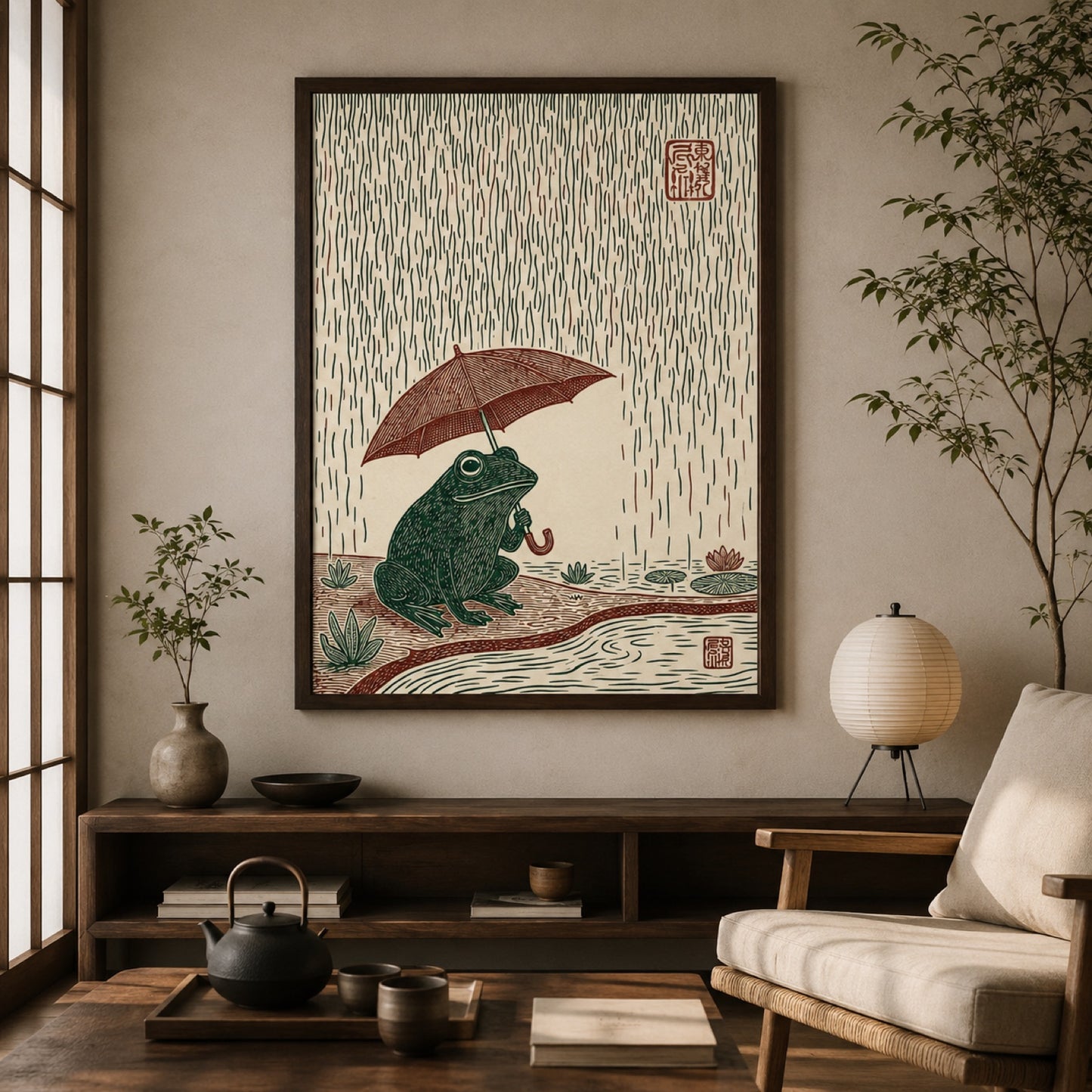 Frog with Umbrella in Rain Japanese Woodblock Wall Art Decor – preview 10