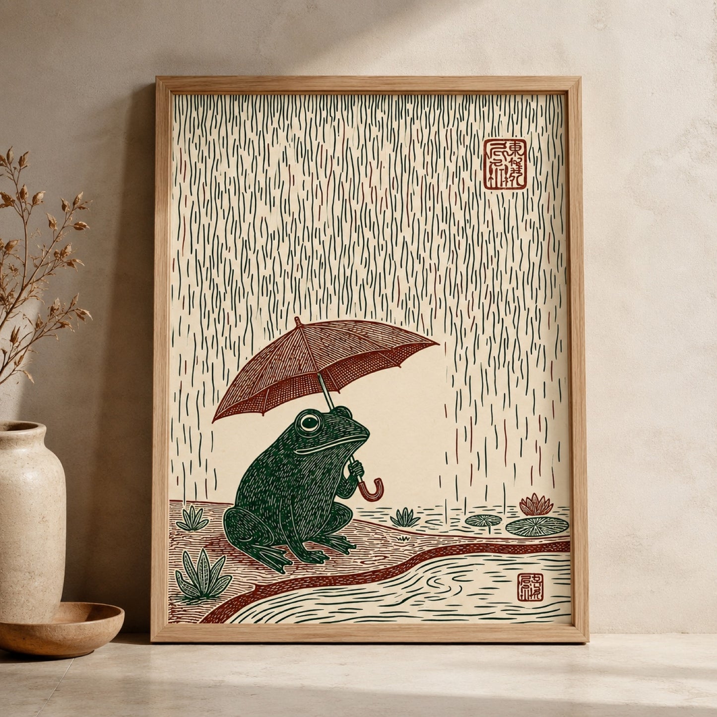 Frog with Umbrella in Rain Japanese Woodblock Wall Art Decor – preview 11