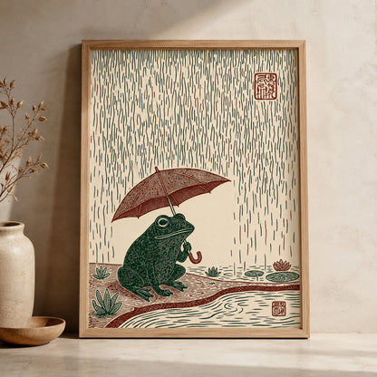 Frog with Umbrella in Rain Japanese Woodblock Wall Art Decor – preview 11