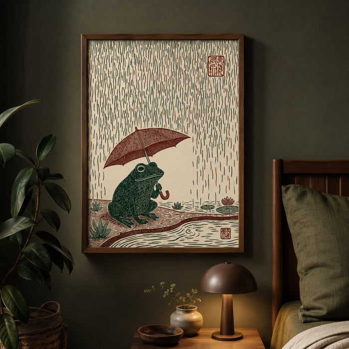 Frog with Umbrella in Rain Japanese Woodblock Wall Art Decor